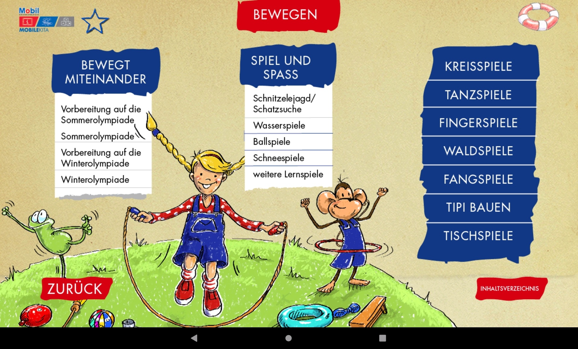 Ansicht aus der mobile KITA-App mit einer Auflistung von Spielideen zum Thema Bewegung und mit den Figuren Laura, Moki und Günni im Vordergrund.